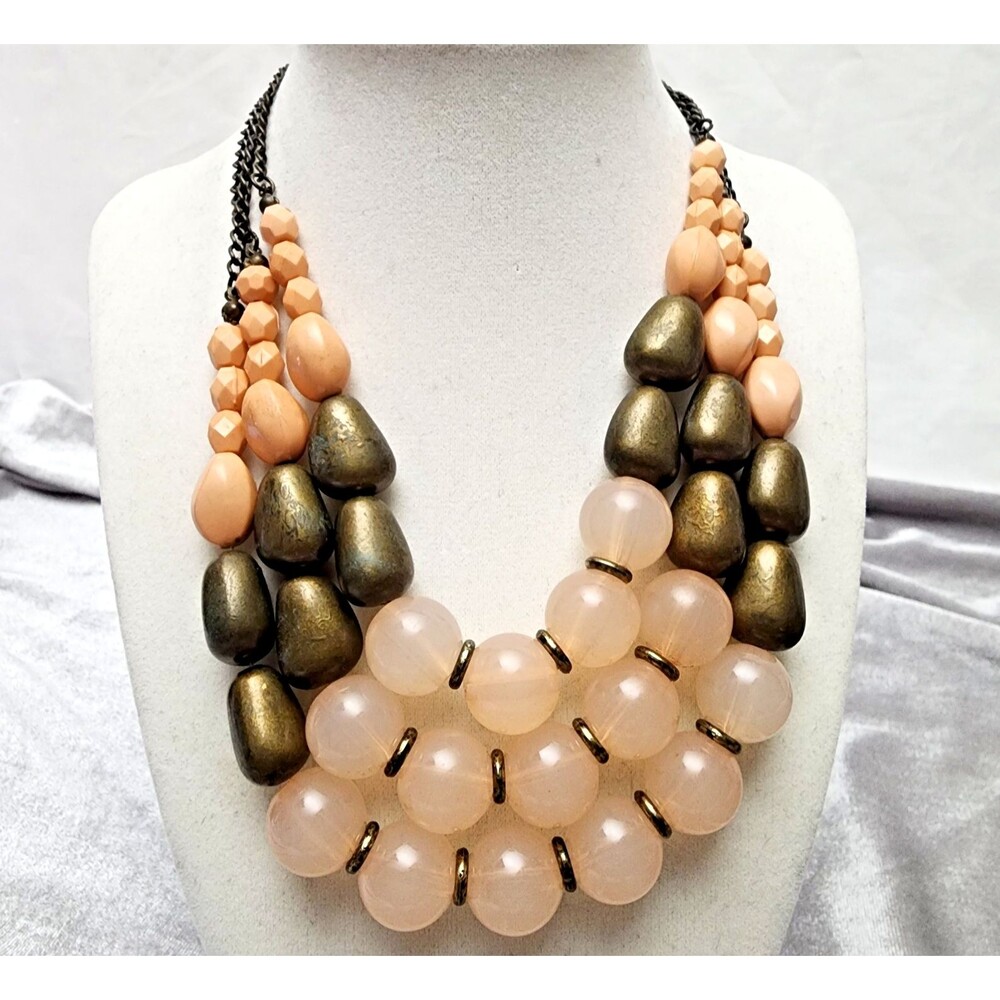 Vintage Mid Century Style Peach Bronze 3-Strand Beaded Bib Choker Necklace
